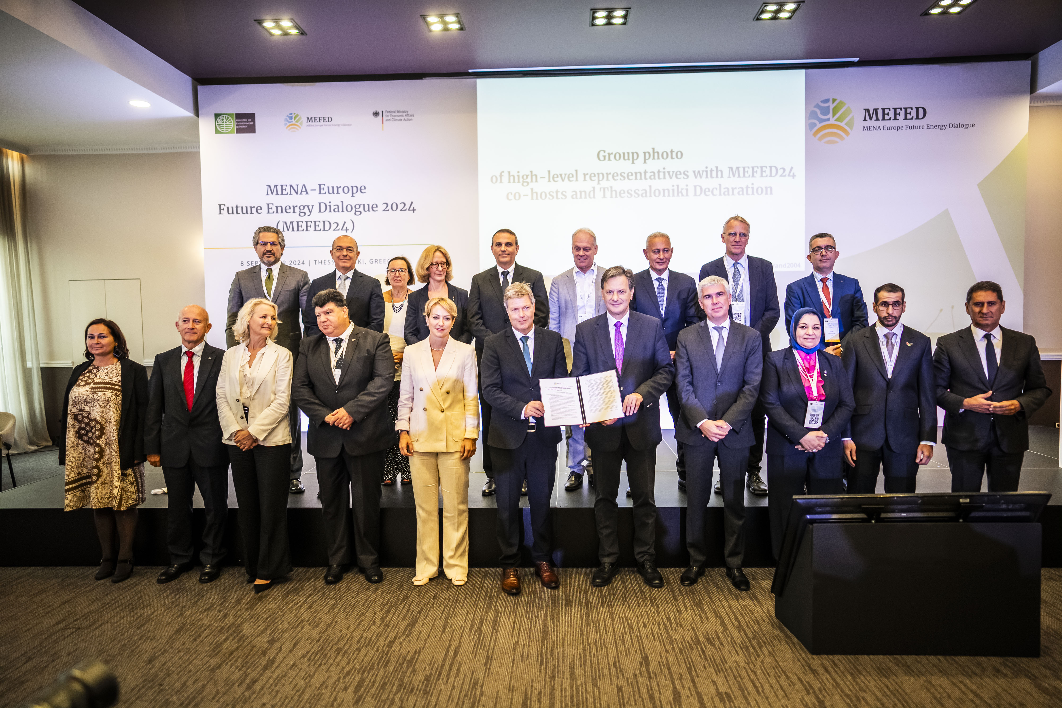 Group picture of high-level representatives with MEFED co-hosts and the Thessaloniki Declaration 